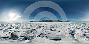 Blue hummocks of ice Baikal at sunset at Olkhon. Spherical vr 360 180 degrees panorama