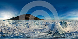 Blue hummocks of ice Baikal at sunset at Olkhon. Spherical vr 360 180 degrees panorama