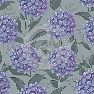 Blue Hydrangea, Handdraw illustration, Seamless Pattern on gray background