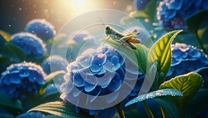 A serene blue hydrangea with dew, a grasshopper on a leaf, early morning light. photo