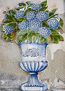 Blue Hydrangeas Tile Art on Wall in Lisbon, Portugal