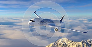 Blue Hydrogen filled H2 Aeroplane flying in the sky - future H2 energy concept