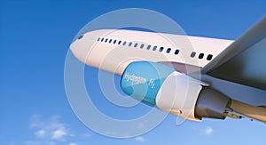 Blue Hydrogen filling H2 Airplane flying  in the sky - H2 energy