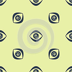 Blue Hypnosis icon isolated seamless pattern on yellow background. Human eye with spiral hypnotic iris. Vector