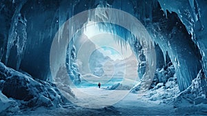 Blue ice cave covered with snow. Generative AI.