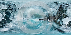 Blue Ice cave grotto on Olkhon Island, Lake Baikal, covered with icicles. Spherical panorama 360vr