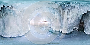 Blue Ice cave grotto on Olkhon Island, Lake Baikal, covered with icicles. Spherical panorama 360vr