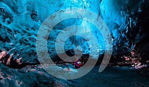 Blue ice cave view during winter in Jokulsarlon, Iceland