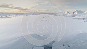 Blue ice cave in white glacier on Antarctic Peninsula. Aerial shot close-up.