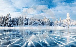 Blue ice and cracks on the surface of the ice. Frozen lake under a blue sky in the winter. The hills of pines. Winter