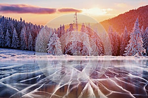 Blue ice and cracks on the surface of the .