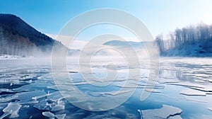 Blue ice and cracks on the surface of the ice. Frozen lake under a blue sky in the winter