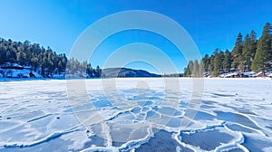 Blue ice and cracks on the surface of the ice. Frozen lake under a blue sky in the winter