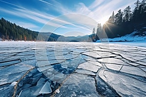 Blue ice and cracks on the surface of the ice. Frozen lake under a blue sky in the winter. The hills of pines. Winter