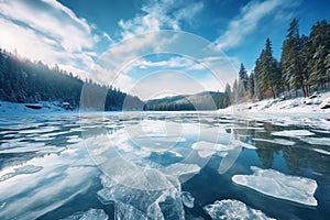 Blue ice and cracks on the surface of the ice. Frozen lake under a blue sky in the winter. The hills of pines. Winter