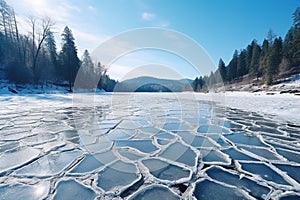 Blue ice and cracks on the surface of the ice. Frozen lake under a blue sky in the winter. The hills of pines. Winter