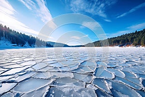 Blue ice and cracks on the surface of the ice. Frozen lake under a blue sky in the winter. The hills of pines. Winter