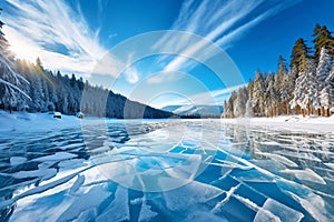 Blue ice and cracks on the surface of the ice. Frozen lake under a blue sky in the winter. The hills of pines. Winter