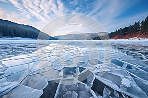 Blue ice and cracks on the surface of the ice. Frozen lake under a blue sky in the winter. The hills of pines. Winter