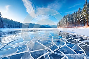 Blue ice and cracks on the surface of the ice. Frozen lake under a blue sky in the winter. The hills of pines. Winter