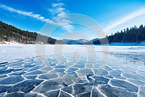 Blue ice and cracks on the surface of the ice. Frozen lake under a blue sky in the winter. The hills of pines. Winter