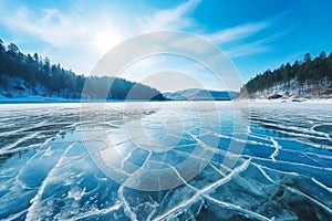 Blue ice and cracks on the surface of the ice. Frozen lake under a blue sky in the winter. The hills of pines. Winter