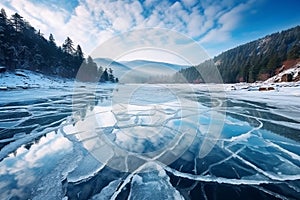 Blue ice and cracks on the surface of the ice. Frozen lake under a blue sky in the winter. The hills of pines. Winter