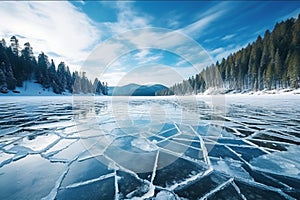 Blue ice and cracks on the surface of the ice. Frozen lake under a blue sky in the winter. The hills of pines. Winter