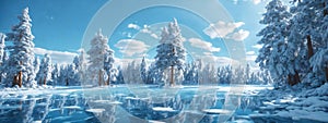 Blue ice and cracks on the surface of the ice. Frozen lake under a blue sky in the winter. The hills of pines. Winter. Carpathian,