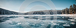 Blue ice and cracks on the surface of the ice. Frozen lake under a blue sky in the winter. The hills of pines. Winter. Carpathian,