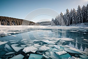 Blue ice and cracks on the surface of the ice. Frozen lake under a blue sky in the winter. The hills of pines. Winter. Carpathian,
