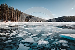 Blue ice and cracks on the surface of the ice. Frozen lake under a blue sky in the winter. The hills of pines. Winter. Carpathian,