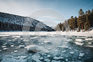 Blue ice and cracks on the surface of the ice. Frozen lake under a blue sky in the winter. The hills of pines. Winter. Carpathian,