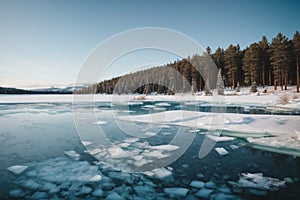 Blue ice and cracks on the surface of the ice. Frozen lake under a blue sky in the winter. The hills of pines. Winter. Carpathian,