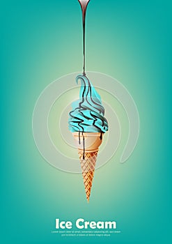 Blue ice cream in the cone, Pour chocolate syrup, peppermint flavor, transparent Vector