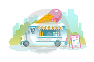 Blue ice cream truck in retro style on cityscape. Popsicle wheeled cafe banner design. Ice car cartoon illustration