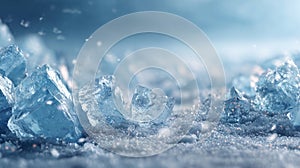 Blue ice crystal chunks on frosty surface with cold atmosphere and soft bokeh