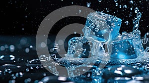 Blue ice cubes melting against a sleek black background, creating a mesmerizing contrast, Ai Generated