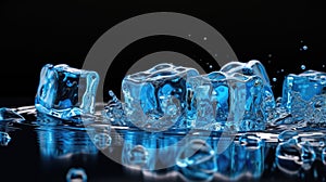 Blue ice cubes melting against a sleek black background, creating a mesmerizing contrast, Ai Generated