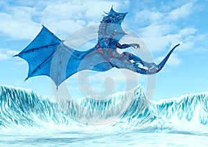 Blue ice dragon falling on frozen land