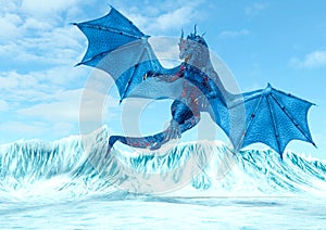 Blue ice dragon floating near the ground on frozen land