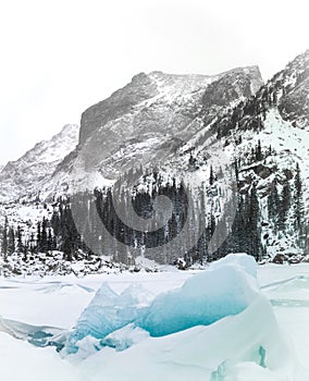 Blue ice on frozen alpine lake