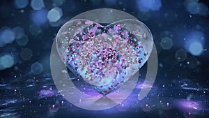 Blue Ice Glass Heart with snowflakes, colorful petals motion background Loop 4k