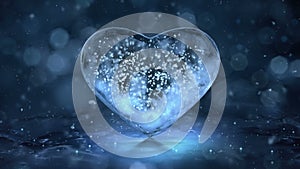 Blue Ice Glass Heart with snowflakes inside motion background Loop 4k