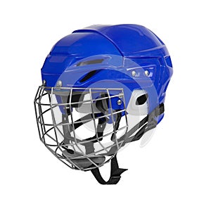 Blue ice hockey protective helmet isolated on white background