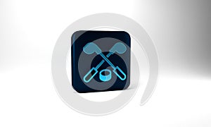 Blue Ice hockey sticks and puck icon isolated on grey background. Game start. Blue square button. 3d illustration 3D