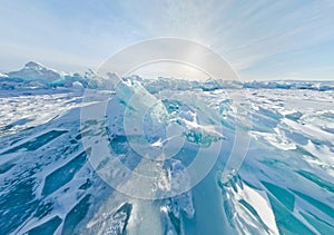 Blue ice hummocks Baikal stereographic panorama, Listvyanka