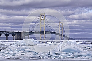 Blue Ice Shards and Mackinac Bridge photo