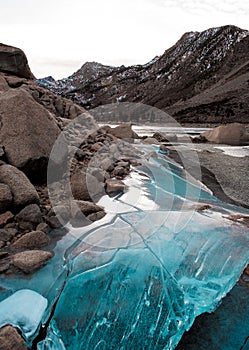 Blue Ice in the Sierra Nevada on a winter day at sunset