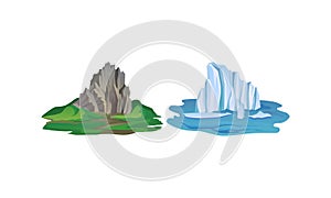 Blue Icebergs and Mountain Peaks with High Cliff Vector Set